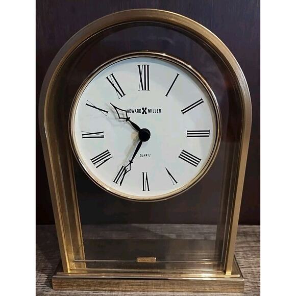 Howard Miller Desk Mantle Clock Brass Acrylic Quartz Battery Roman Numeral WORKS - Picture 1 of 6